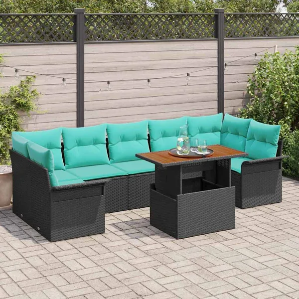 Ensemble de canapé de jardin 8 pcs Noir et Bleu polyrotin