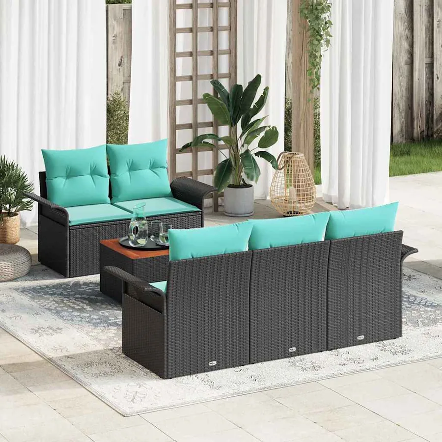 Ensemble de canapé de jardin 6 pcs Noir et turquoise polyrotin