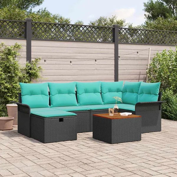 Ensemble de canapé de jardin avec coussin 7 pcs Noir Poly rotin