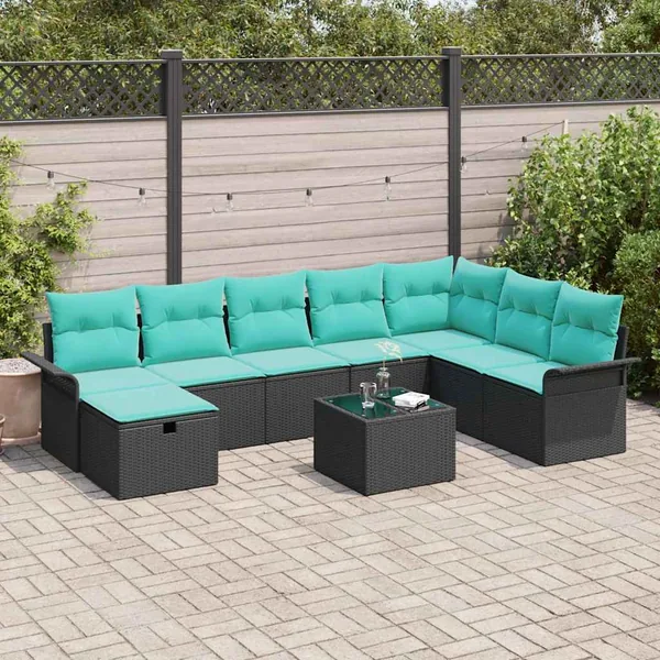 Ensemble de canapé de jardin avec coussin 9 pcs Noir Poly rotin