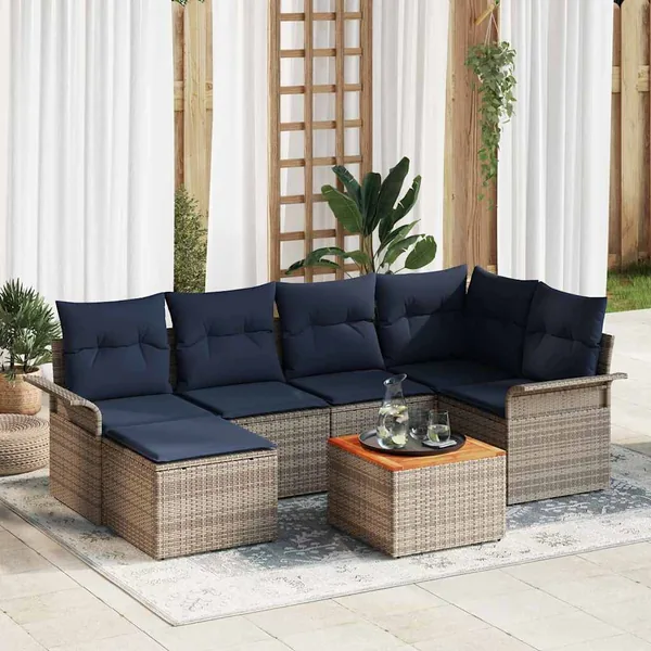 Ensemble de canapé de jardin 7 pcs Gris et bleu marine