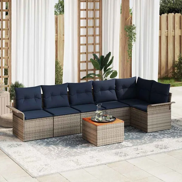 Ensemble de canapé de jardin 7 pcs Gris et bleu marine