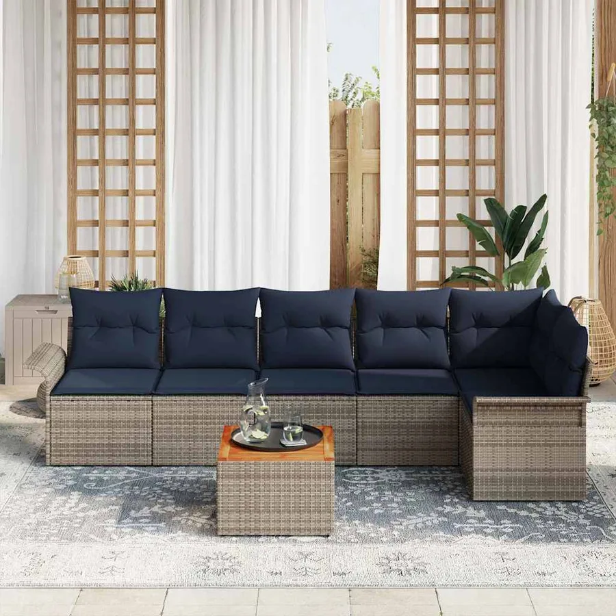 Ensemble de canapé de jardin 7 pcs Gris et bleu marine - 3