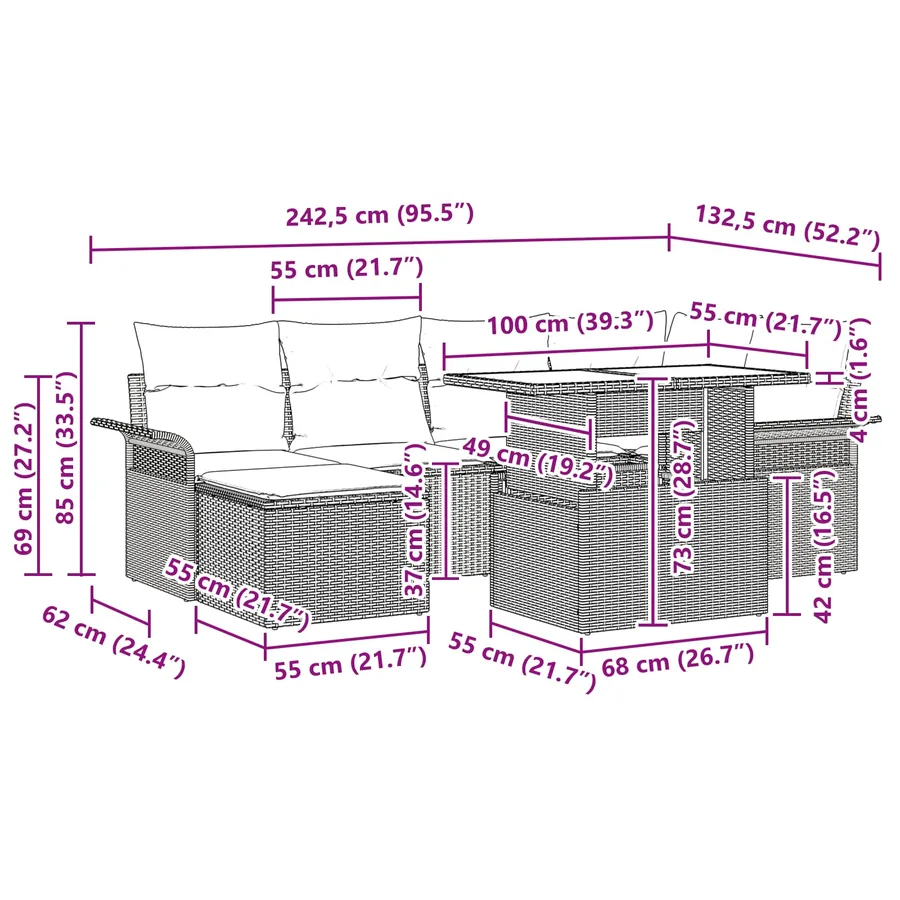 Ensemble de canapé de jardin 7 pcs Gris Poly Rattan - 17