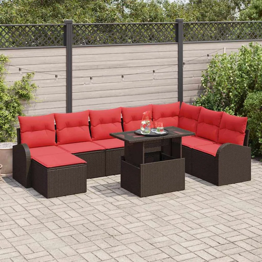 Ensemble de canapé de jardin 9 pcs Marron et rouge polyrotin