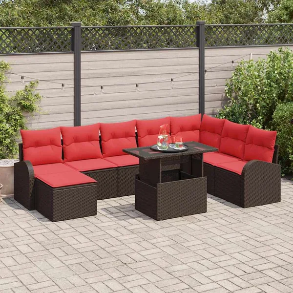 Ensemble de canapé de jardin 9 pcs Marron et rouge polyrotin