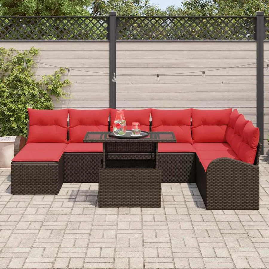Ensemble de canapé de jardin 9 pcs Marron et rouge polyrotin - 3