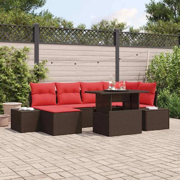 Ensemble de canapé de jardin avec coussin 7 pcs Marron et rouge