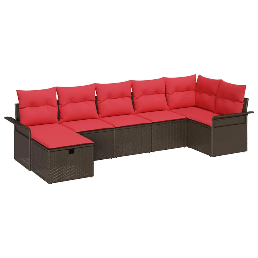 Ensemble de canapé de jardin 7 pcs Marron et rouge polyrotin - 2