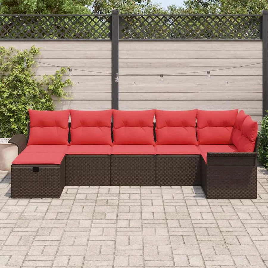 Ensemble de canapé de jardin 7 pcs Marron et rouge polyrotin - 3