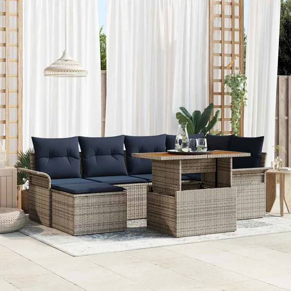 Ensemble de canapé de jardin 7 pcs gris et bleu marine