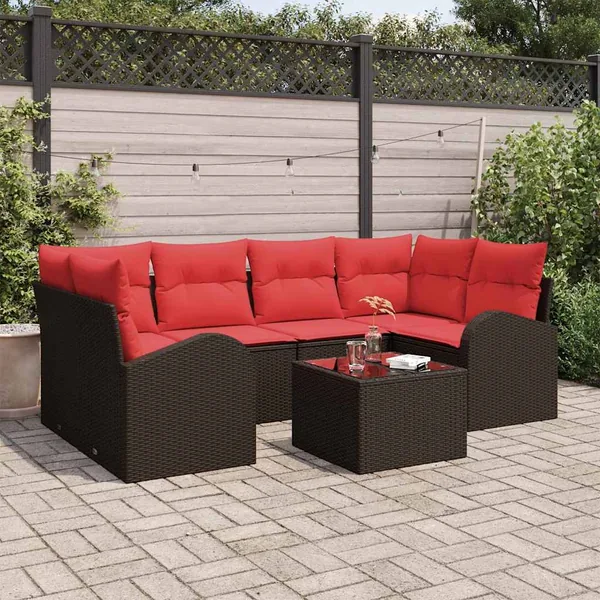 Ensemble de canapé de jardin 7 pcs Beige et Rouge polyrotin