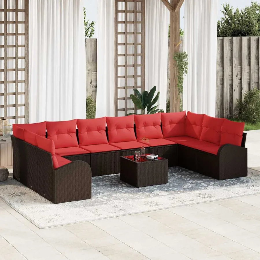 Ensemble de canapé de jardin 11 pcs Marron et rouge polyrotin