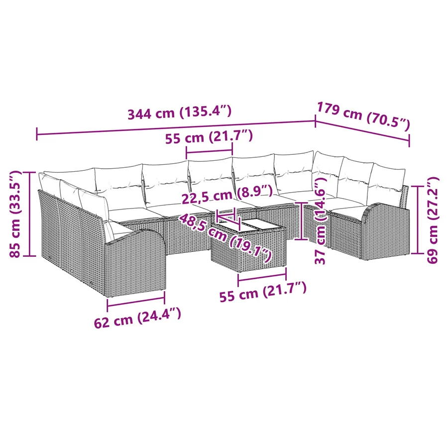Ensemble de canapé de jardin 11 pcs Marron et rouge polyrotin - 17