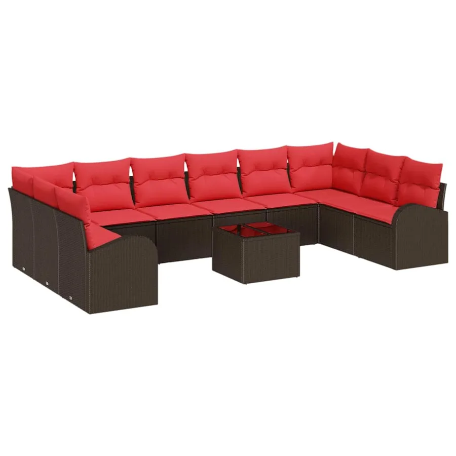 Ensemble de canapé de jardin 11 pcs Marron et rouge polyrotin - 2