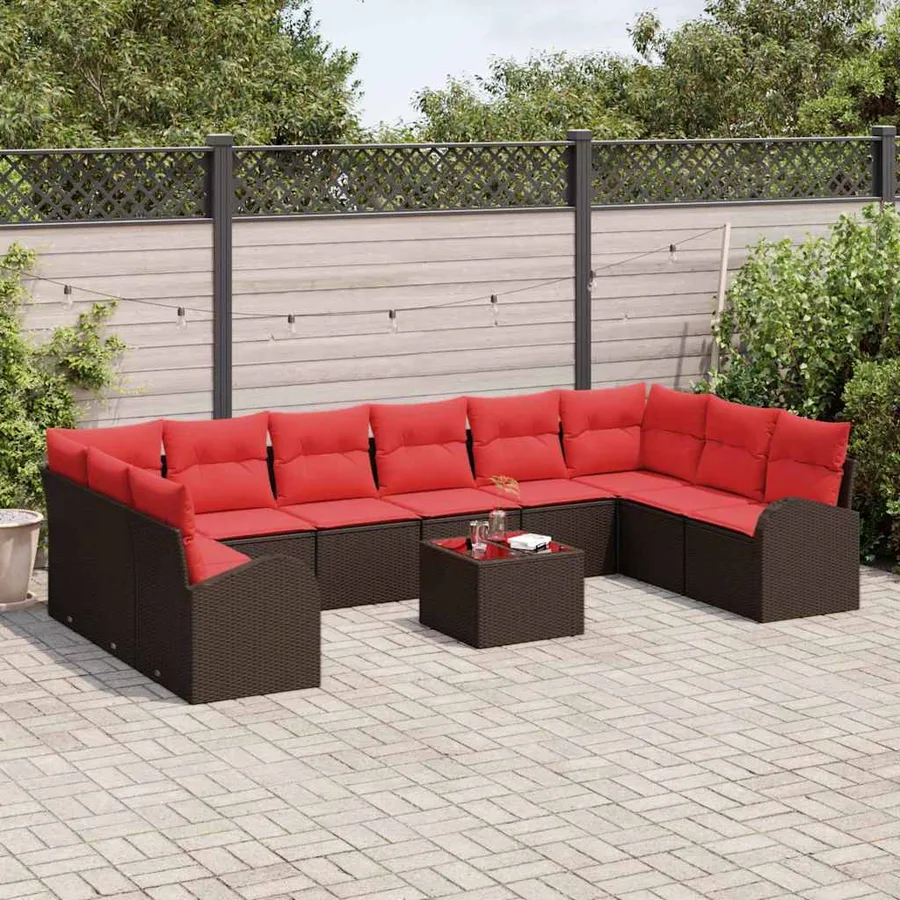 Ensemble de canapé de jardin 11 pcs Marron et rouge polyrotin - 3