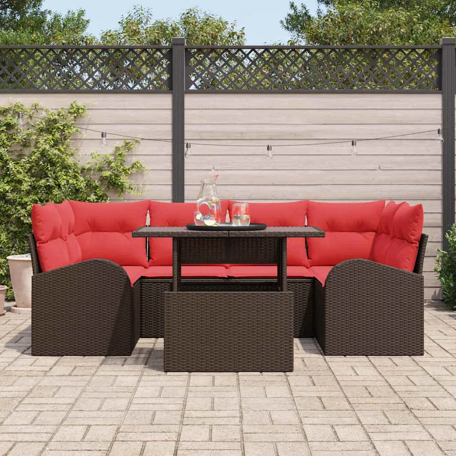 Ensemble de canapé de jardin avec coussin 7 pcs Marron et rouge - 3