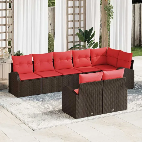 Ensemble de canapé de jardin 8 pcs Marron et rouge polyrotin