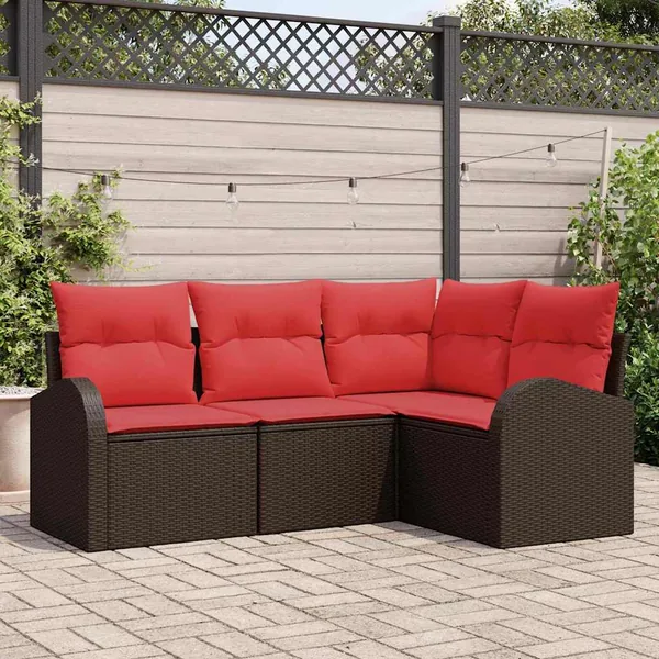Ensemble de canapé de jardin 4 pcs Marron et rouge polyrotin