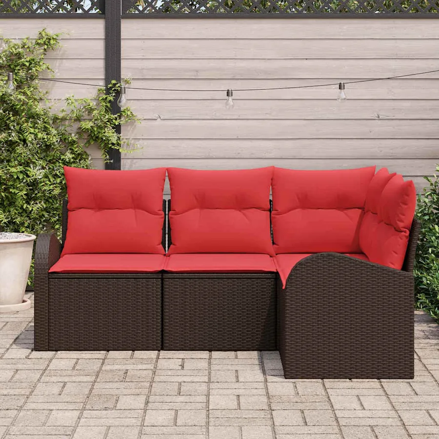 Ensemble de canapé de jardin 4 pcs Marron et rouge polyrotin - 3
