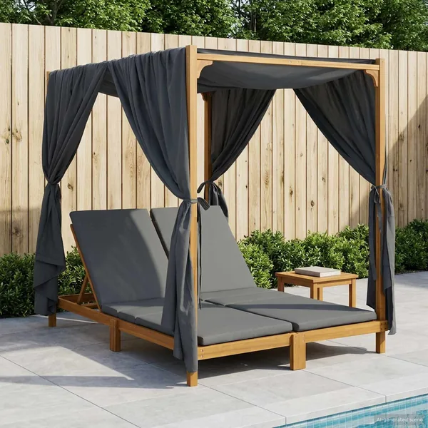 Chaise longue double avec auvent et rideaux Gris foncé