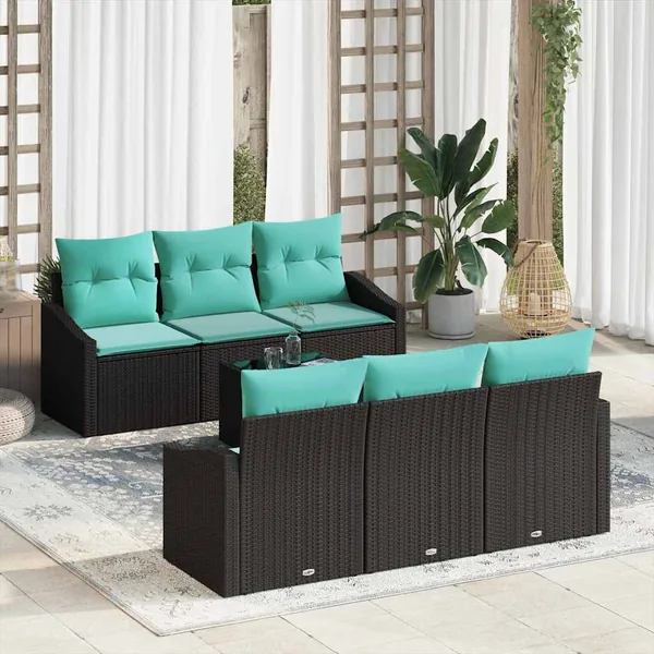Ensemble de Canapés 7 pcs Noir et turquoise polyrotin