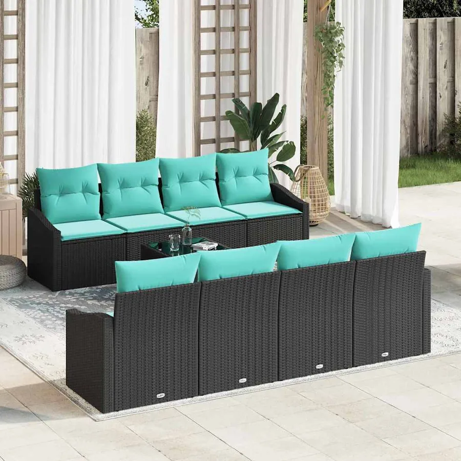 Ensemble de Canapés 9 pcs Noir et turquoise polyrotin