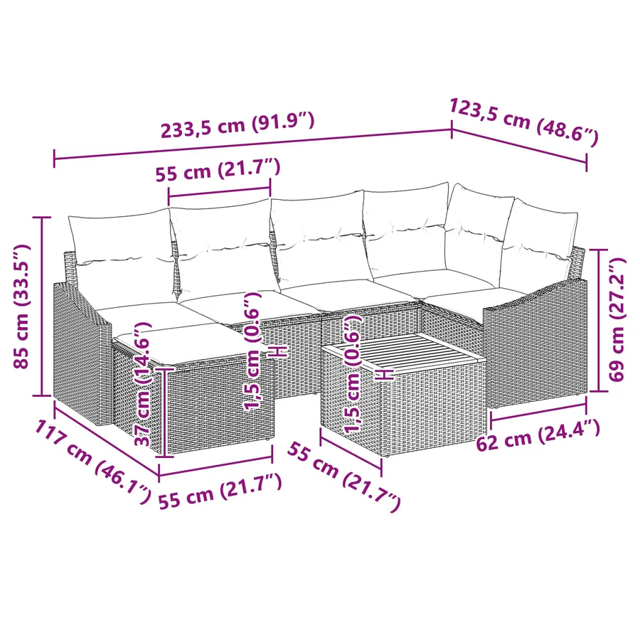 Ensemble de canapé de jardin avec coussin 7 pcs Noir polyrotin - 10