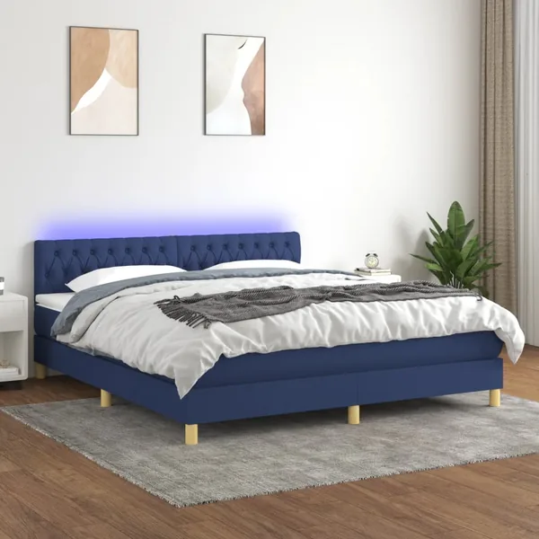 Sommier à lattes de lit avec matelas LED Bleu 160x200 cm Tissu