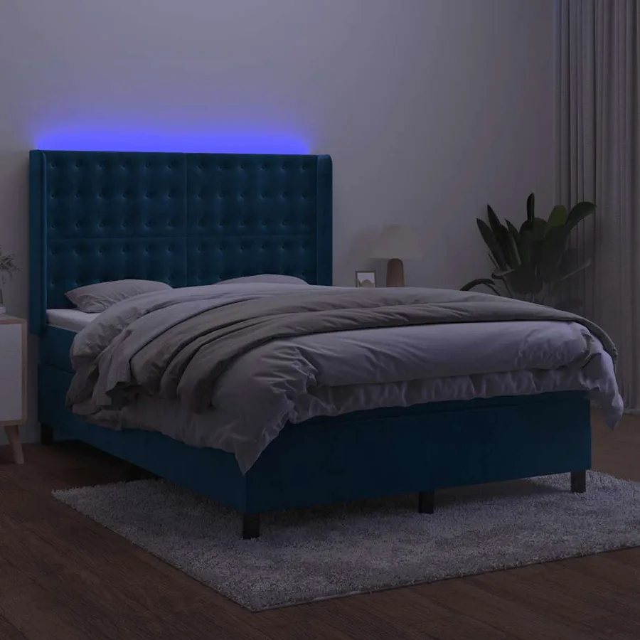 Sommier à lattes de lit matelas et LED Bleu foncé 140x190 cm - 4