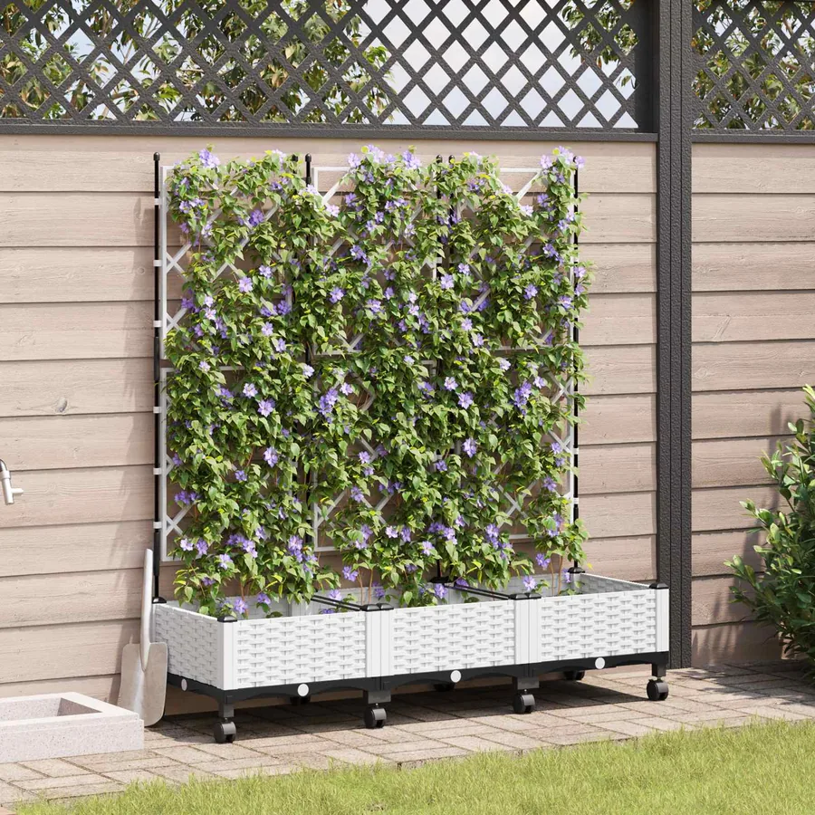 Bac de jardin avec treillis et roues 3 pc Blanc PP