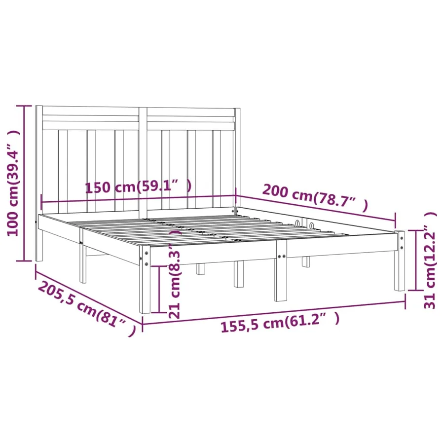 Cadre de lit sans matelas blanc 150x200 cm bois massif - 6