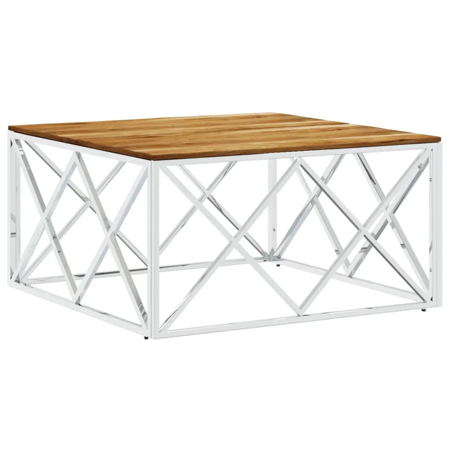 Table basse argenté acier inoxydable et bois massif d'acacia - 2