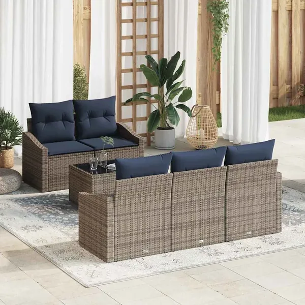 Ensemble de Canapés avec coussin 6 pcs Gris et marine polyrotin