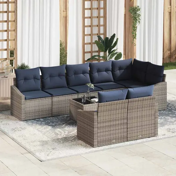 Ensemble de canapé de jardin 9 pcs Gris et marine polyrotin