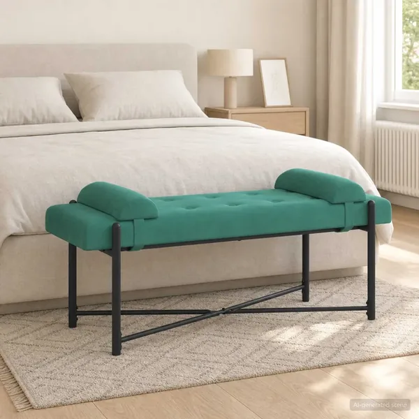 Banc capitonné à boutons avec coussins Turquoise Velours