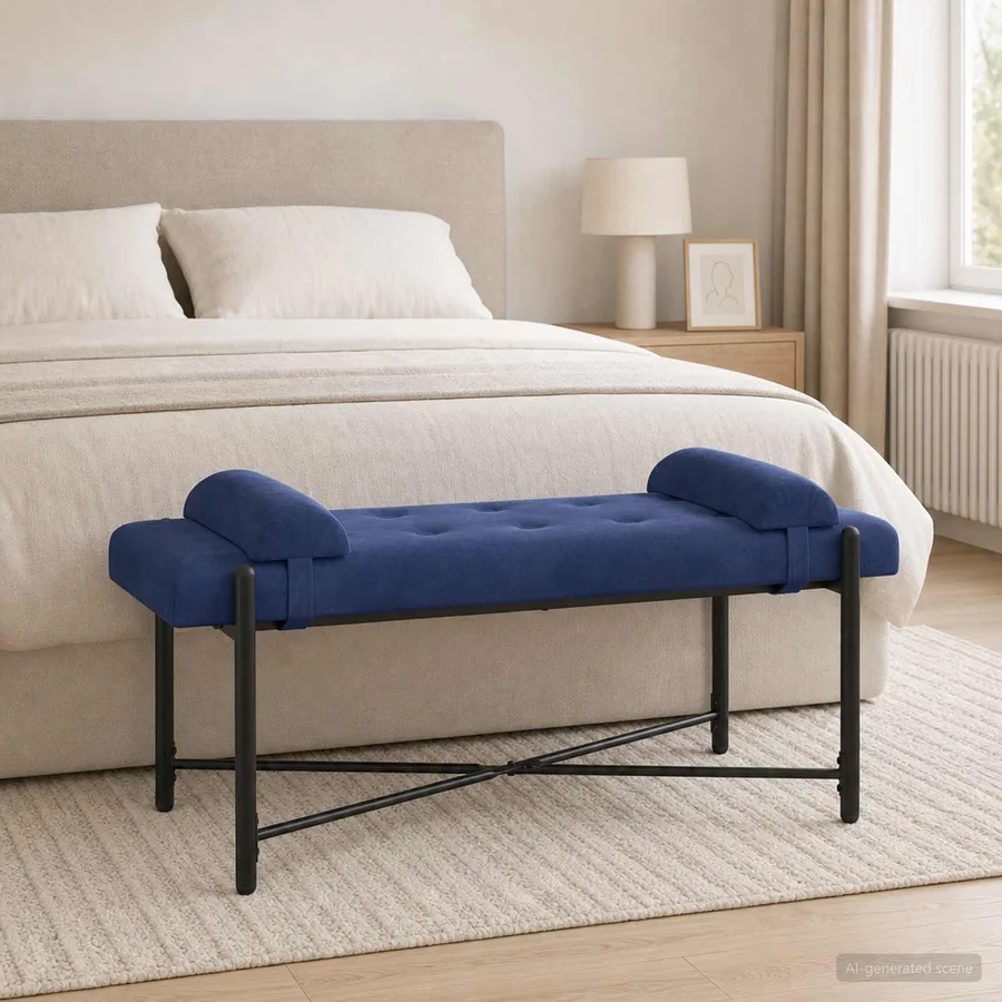 Banc capitonné à boutons avec coussins Bleu police Velours - 3