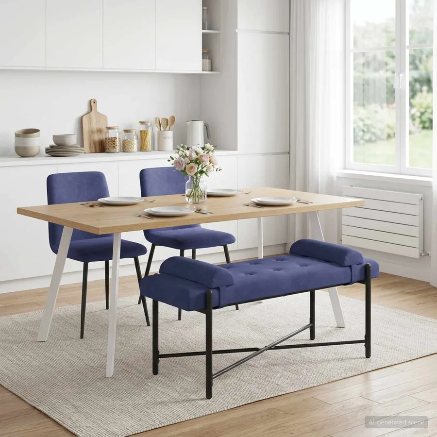 Banc capitonné à boutons avec coussins Bleu police Velours - 4