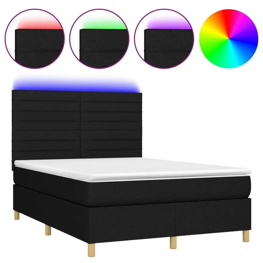 Sommier à lattes de lit et matelas et LED Noir 140x200 cm Tissu - 2