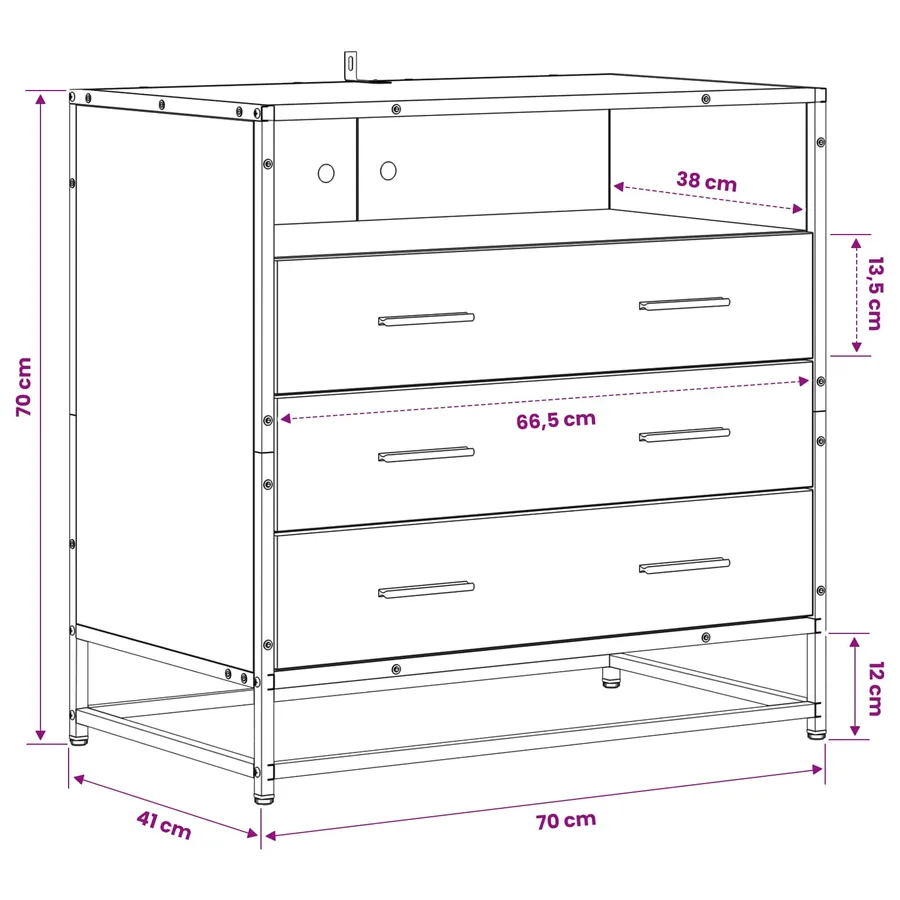 Armoire à tiroirs 3-Tiroir Chêne artisanal 70 x 41 x 70 cm - 8