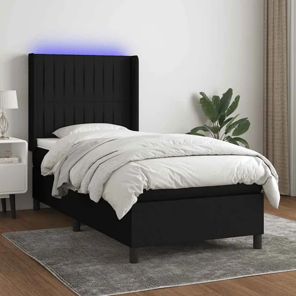 Sommier à lattes de lit matelas et LED Noir 90x190 cm Tissu