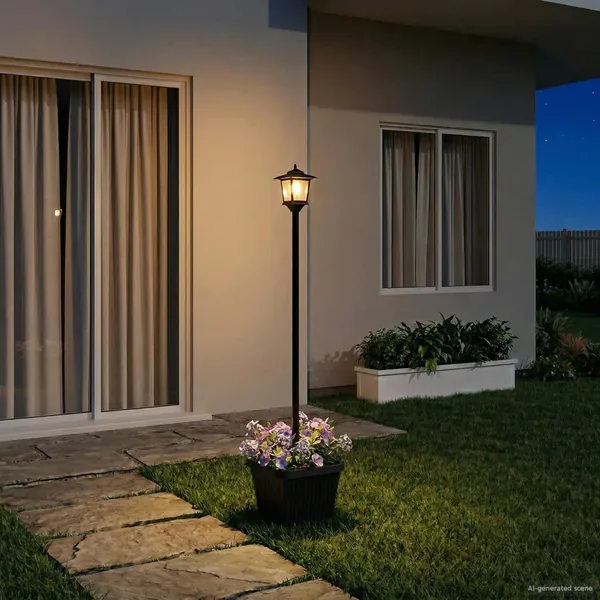 Lampadaire solaire avec pot de fleurs Noir 32 x 32 x 158 cm