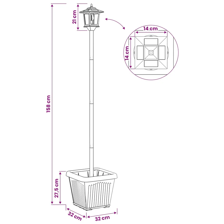 Lampadaire solaire avec pot de fleurs Noir 32 x 32 x 158 cm - 8