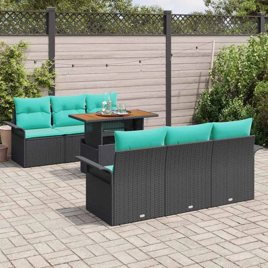 Ensemble de canapé de jardin 7 pcs Noir et Bleu polyrotin - 3