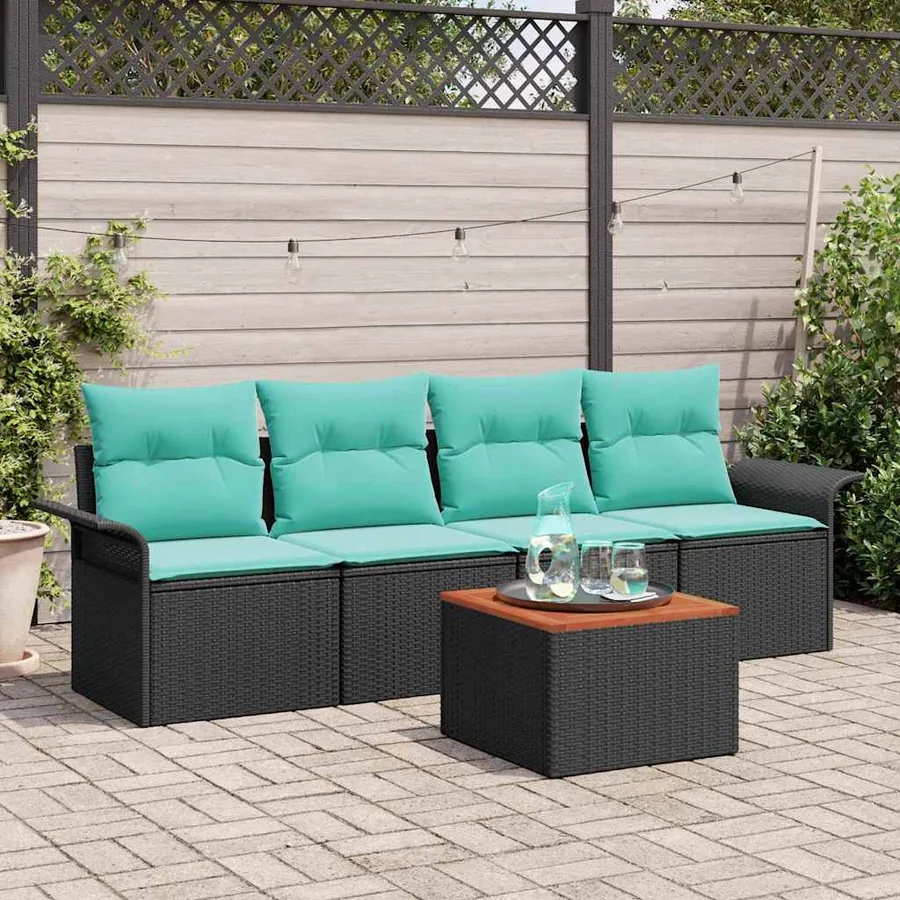 Ensemble de canapé de jardin 5 pcs Noir et turquoise polyrotin