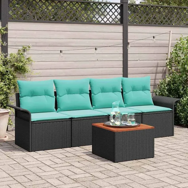 Ensemble de canapé de jardin 5 pcs Noir et turquoise polyrotin