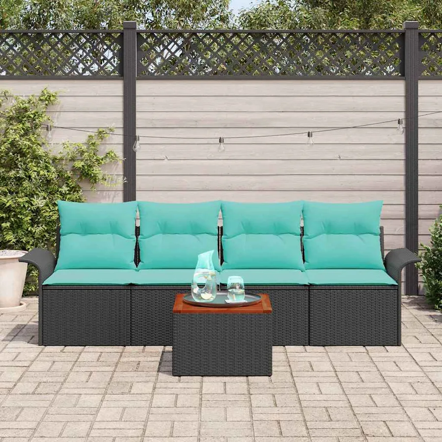 Ensemble de canapé de jardin 5 pcs Noir et turquoise polyrotin - 3