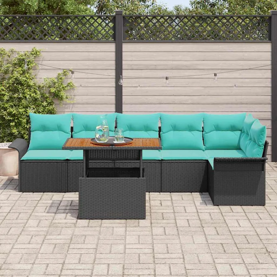 Ensemble de canapé de jardin 7 pcs Noir et Bleu polyrotin - 3