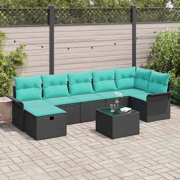 Ensemble de canapé de jardin 8 pcs Noir et turquoise polyrotin