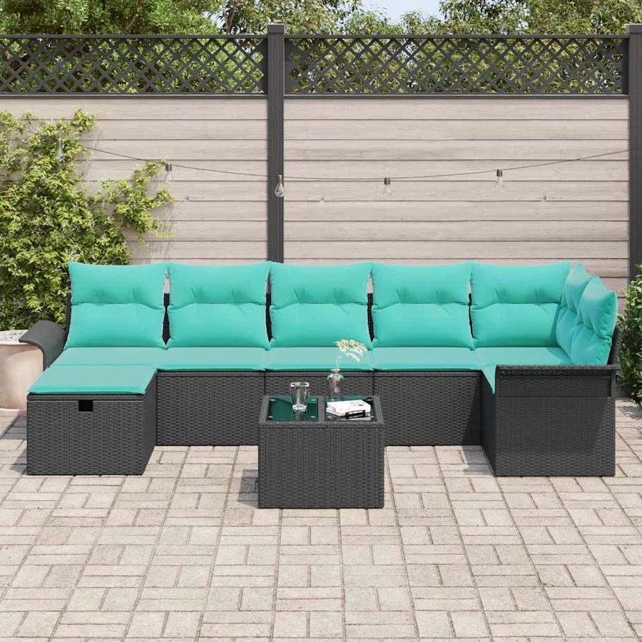 Ensemble de canapé de jardin 8 pcs Noir et turquoise polyrotin - 3